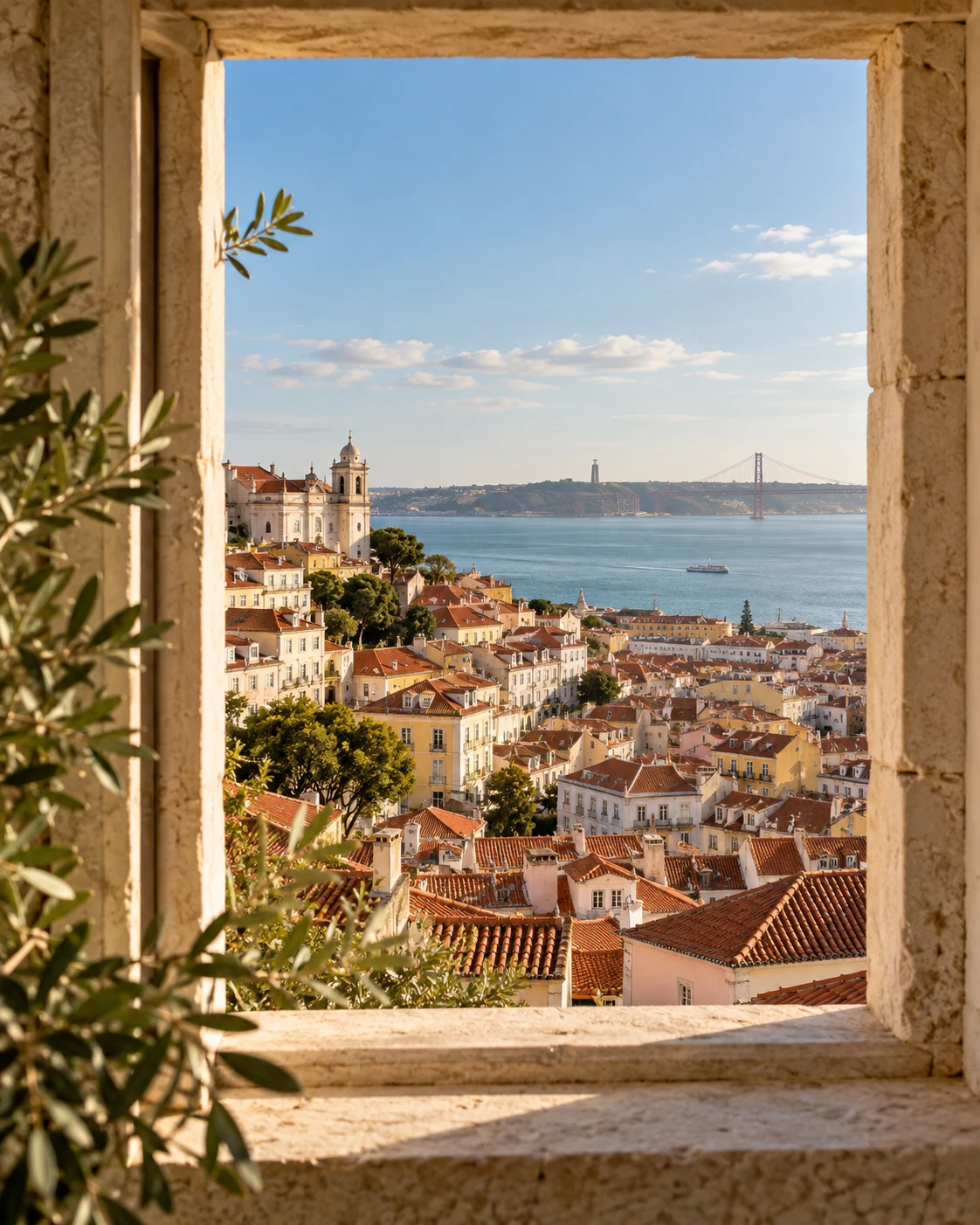 Vista de Lisboa e do rio Tejo através de uma janela de pedra